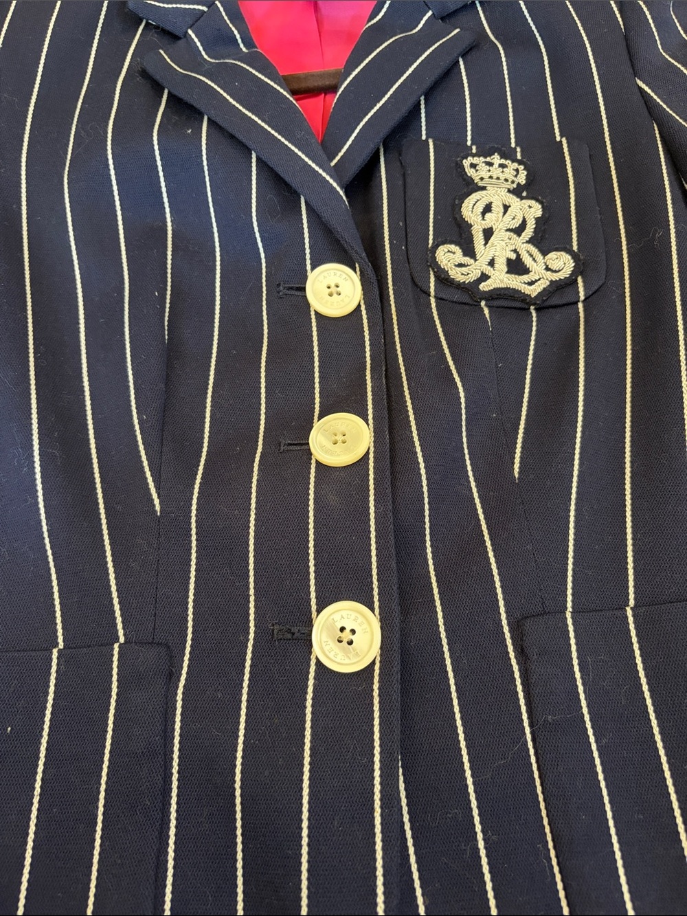 Ralph Lauren Navy Pinstripe Blazer with Pink Lining and Crest